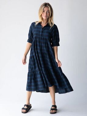 NEW Natural Life Blue Black Plaid Cotton Flannel Rebecca Tiered Midi Dress XS